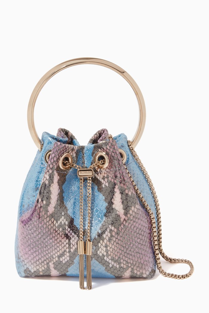 

Bon Bon Bucket Bag in Metallic Snake Print Leather, Bright purple