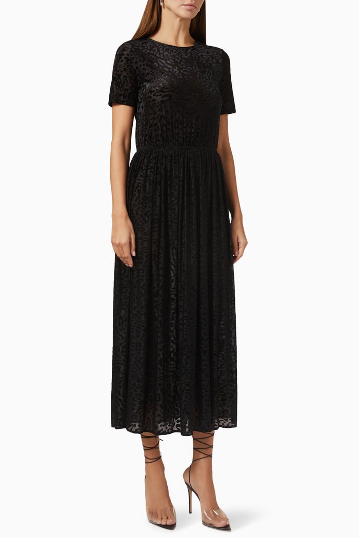 

Gathered Animal-print Midi Dress in Devoré, Black