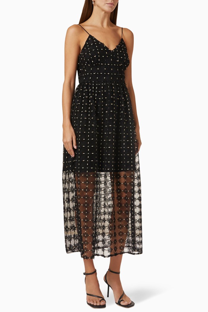 

Strappy Embroidered Midi Dress in Mesh, Black
