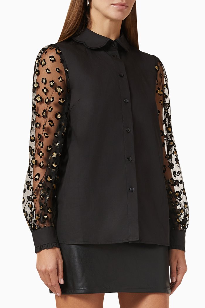 Lana Animal-print Sleeve Shirt in Cotton-poplin, Black