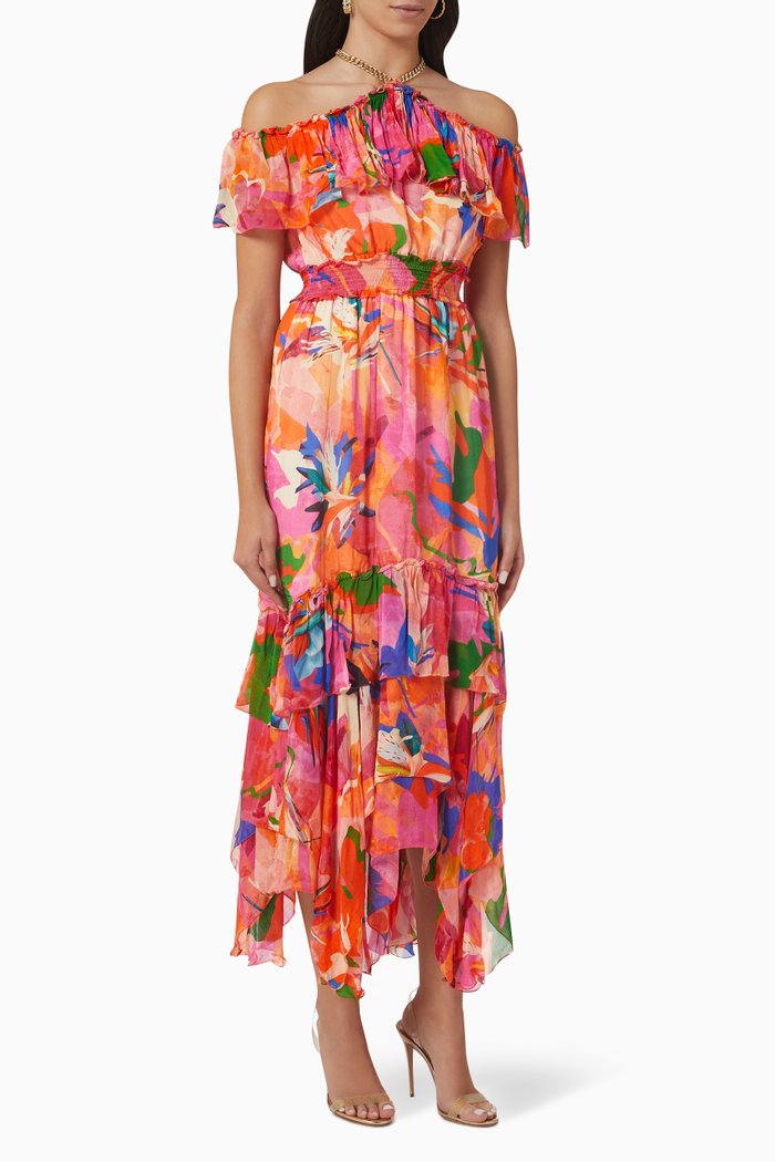 

Floral Asymmetric Maxi Dress in Chiffon, Pink