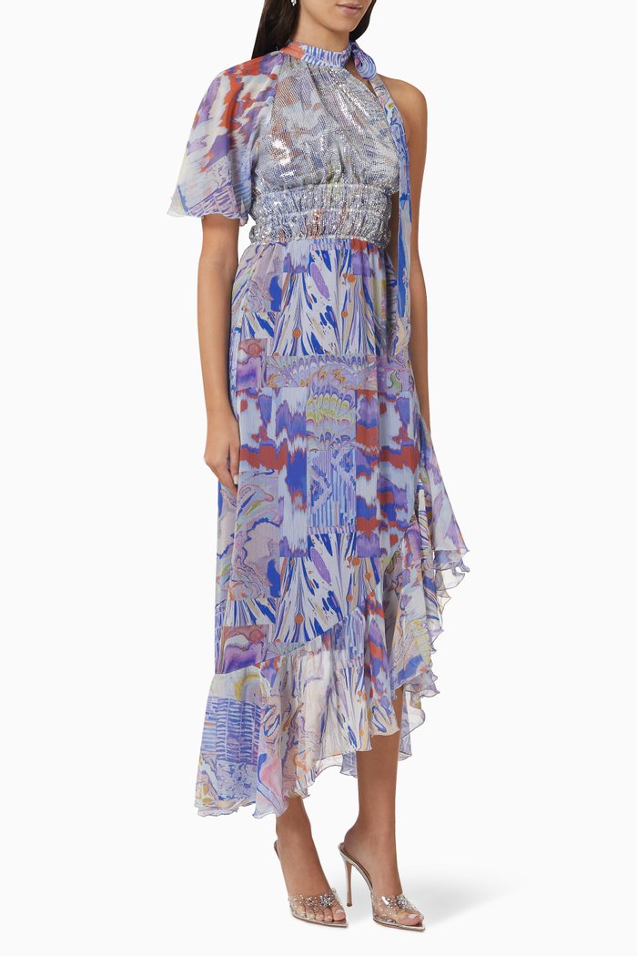 

Marble-print Asymmetric Midi Dress in Chiffon, Blue