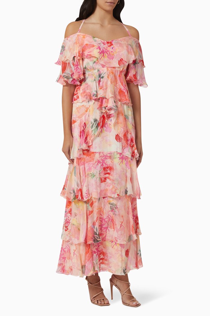 Floral Layered Maxi Dress in Chiffon, Pink