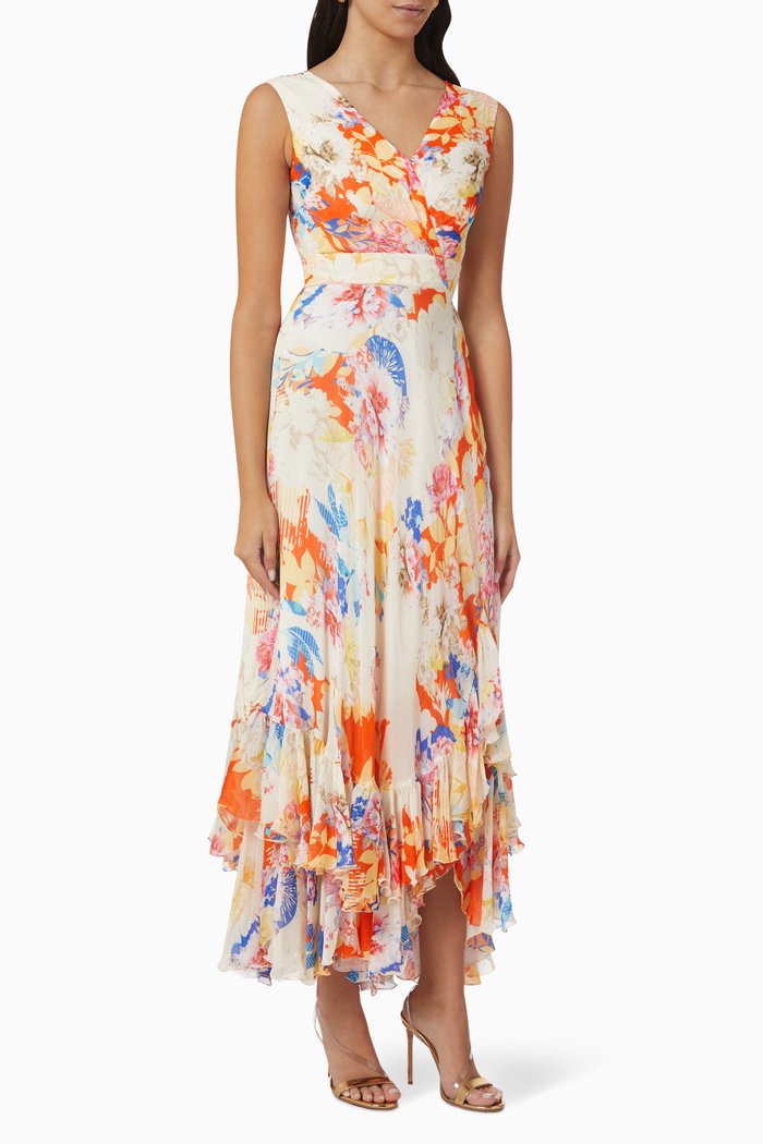 

Floral Banded Midi Dress in Chiffon, Yellow
