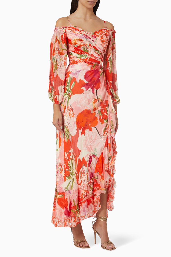 

Draped Cold-shoulder Maxi Dress in Chiffon, Orange