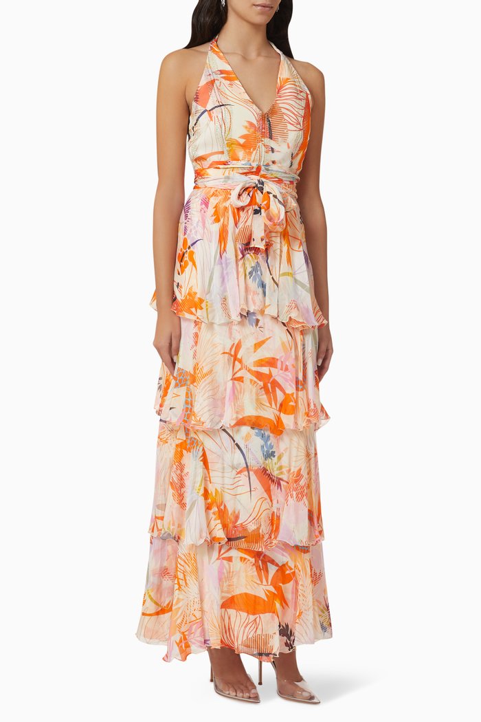 

Halter-neck Tiered Maxi Dress in Chiffon, Orange