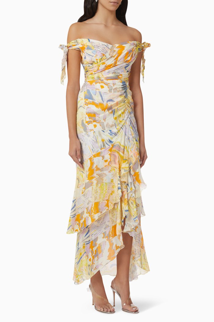Draped Off-shoulder Maxi Dress in Chiffon, Multicolour