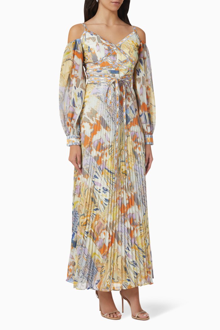 

Cold-shoulder Pleated Maxi Dress in Chiffon, Yellow
