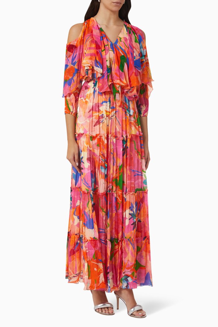 

Butterfly-yoke Pleated Maxi Dress in Chiffon, Pink