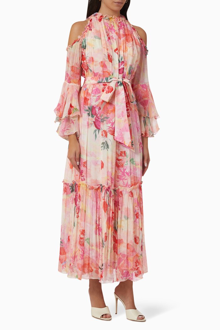 

Layered Belted Maxi Dress in Chiffon, Pink