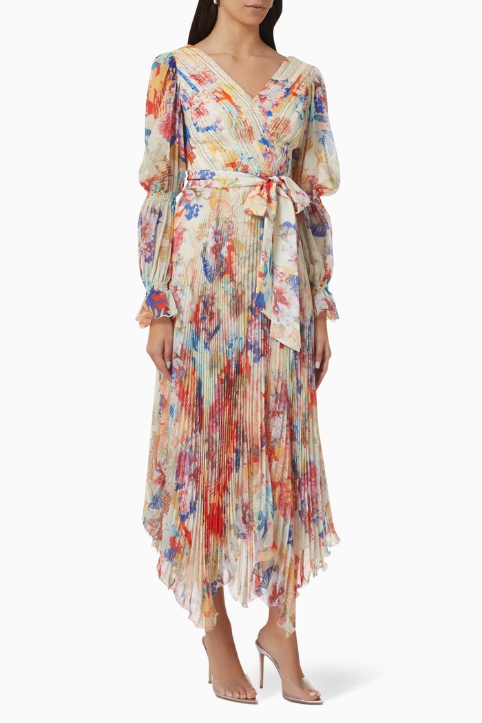 

Belted Asymmetric Maxi Dress in Chiffon, Multicolour