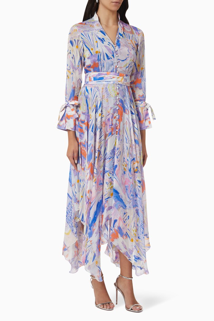 

Marble-print Belted Maxi Dress in Chiffon, Blue