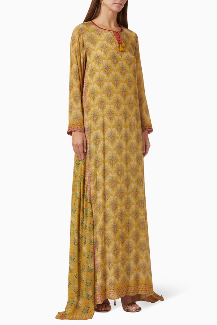 

Printed Kaftan in Crepe, Yellow