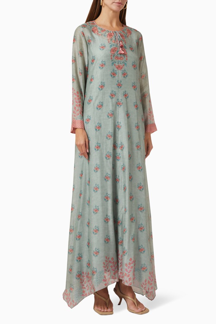 

Printed Kaftan in Cotton-silk, Green