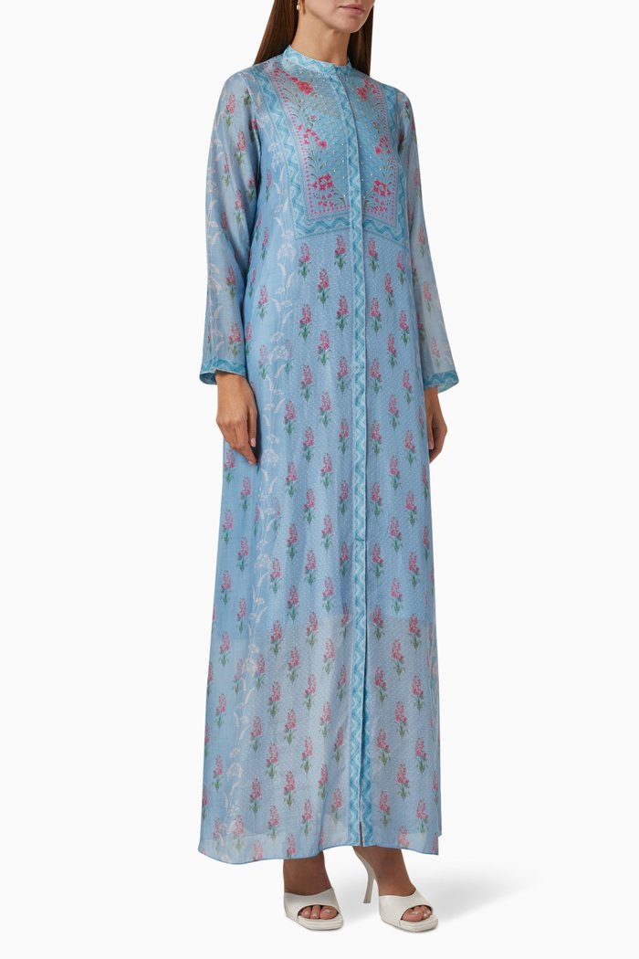 Printed Kaftan in Cotton-silk, Blue