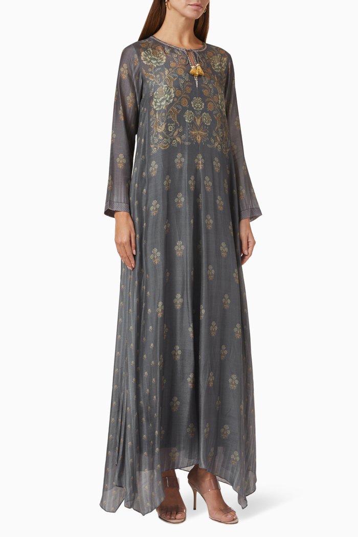 

Printed Kaftan in Cotton-silk, Grey