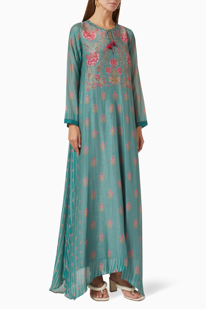 

Printed Kaftan in Cotton-silk, Green