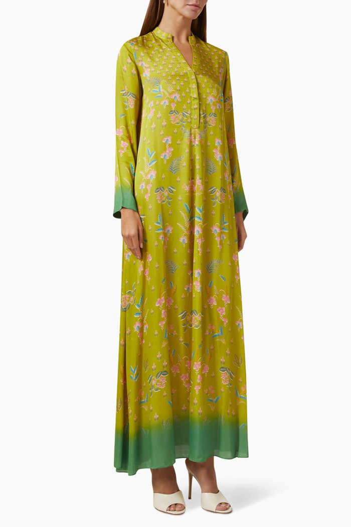 

Printed Kaftan in Satin, Yellow