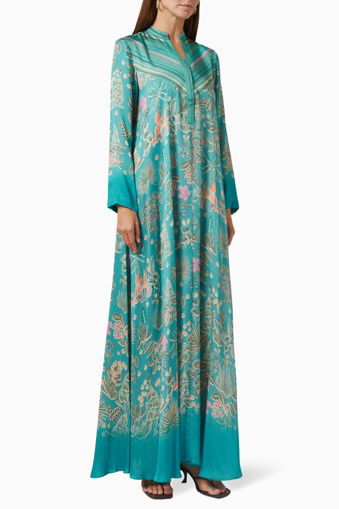 

Printed Kaftan in Satin, Blue