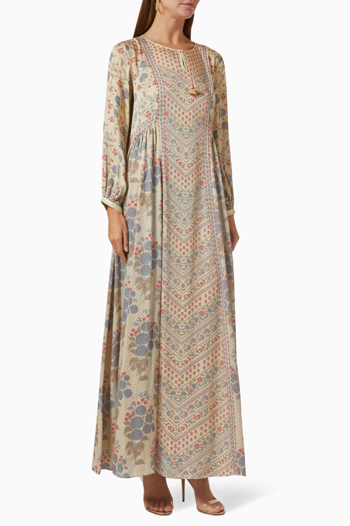 

Printed Kaftan in Satin, Yellow