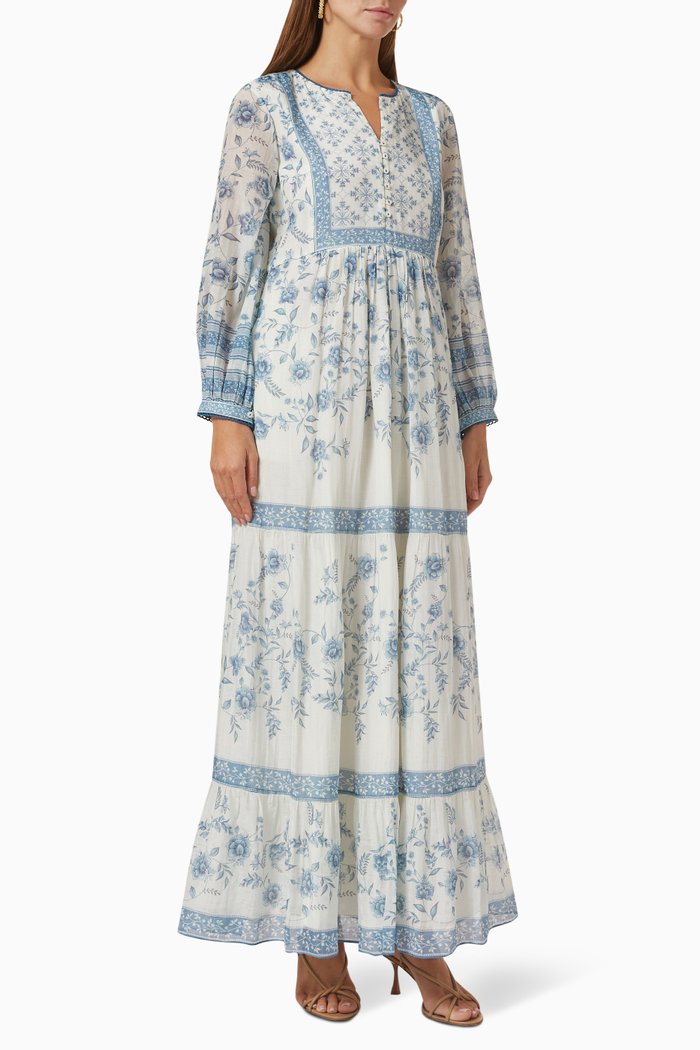 

Printed Long-sleeve Kaftan, Blue