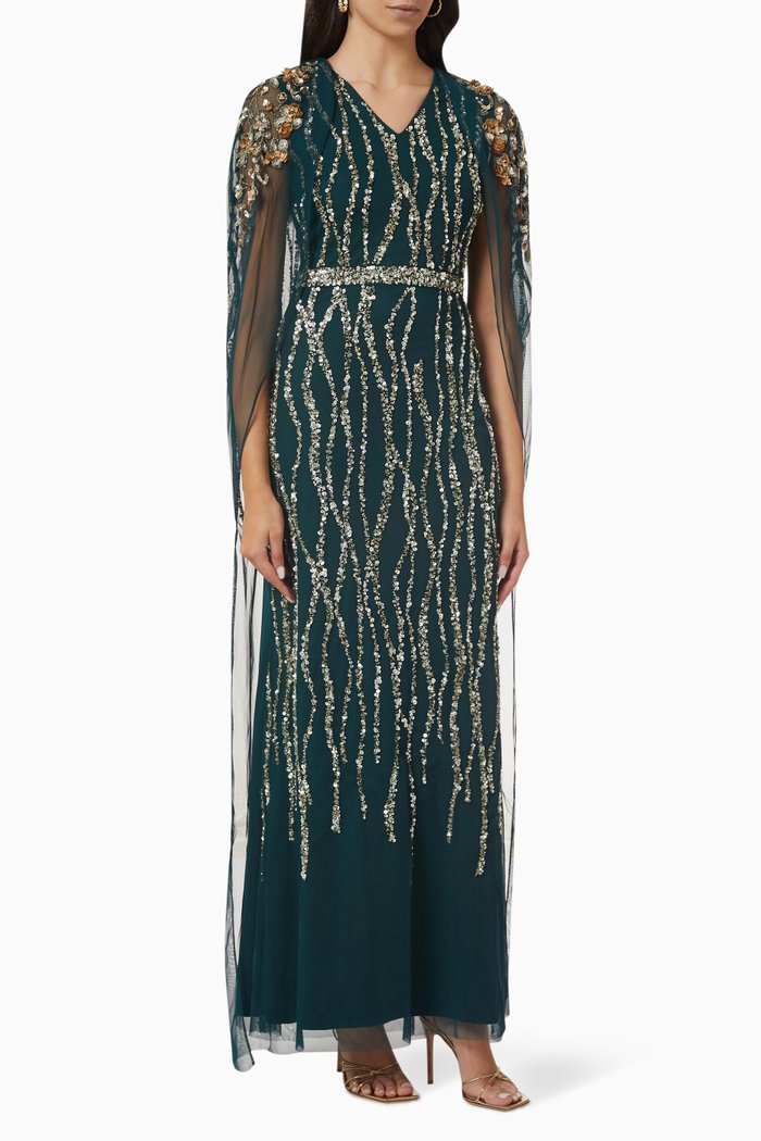 

Embellished Cape Gown in Tulle Mesh, Green