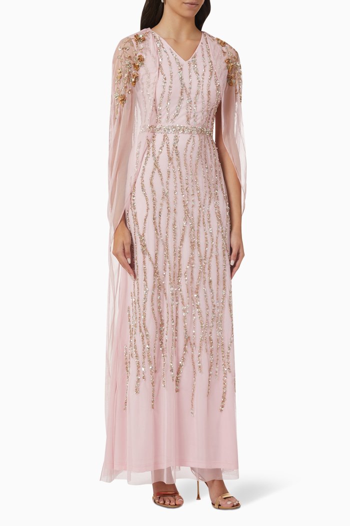 

Embellished Cape Gown in Tulle Mesh, Pink