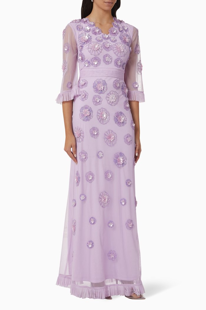 

Floral Embellished Gown in Tulle Mesh, Purple