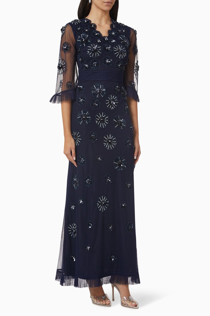 Floral Embellished Gown in Tulle Mesh, Blue