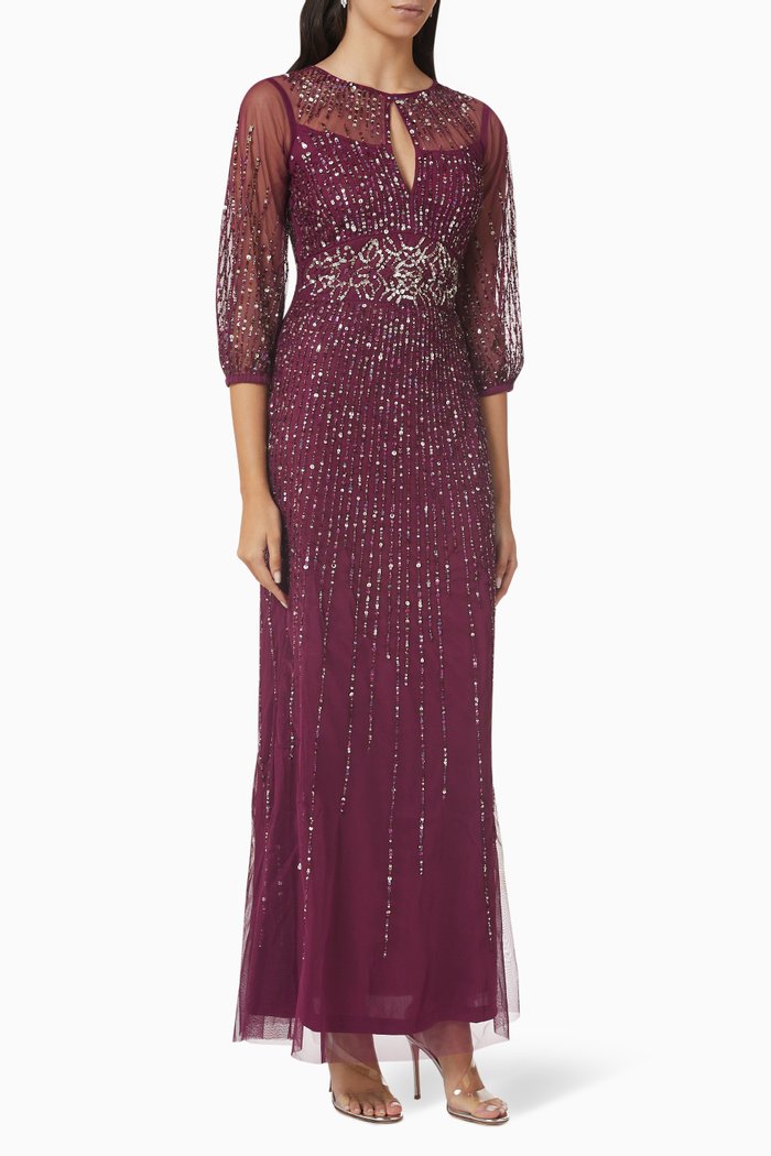 

Sequin Embellished Gown in Tulle Mesh, Red