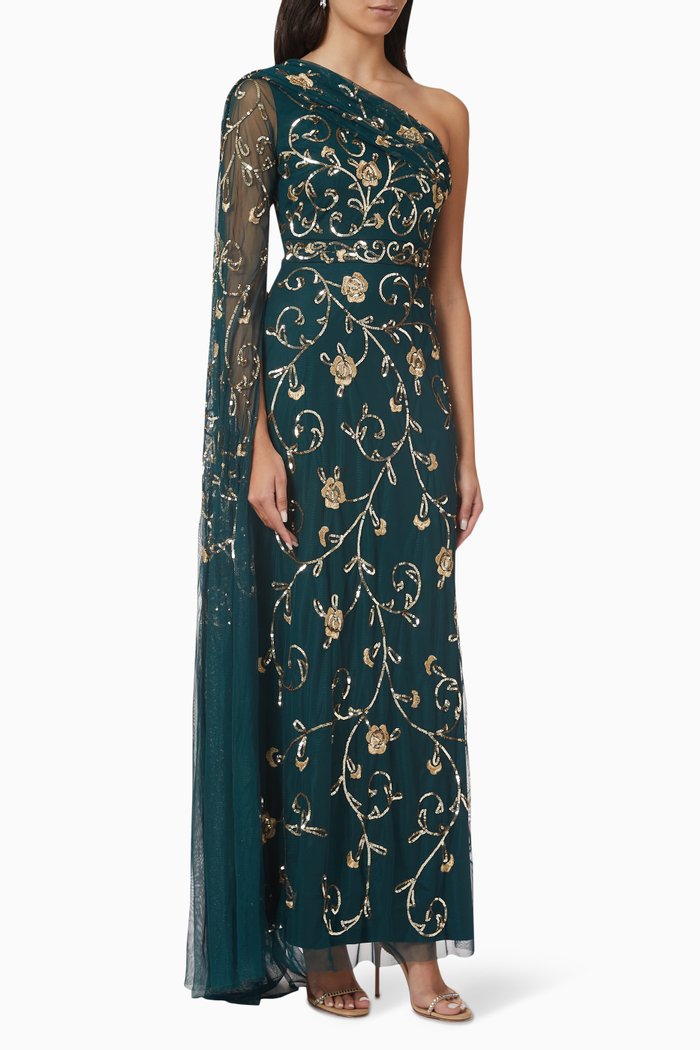 

Embellished One-shoulder Draped Gown in Tulle Mesh, Green