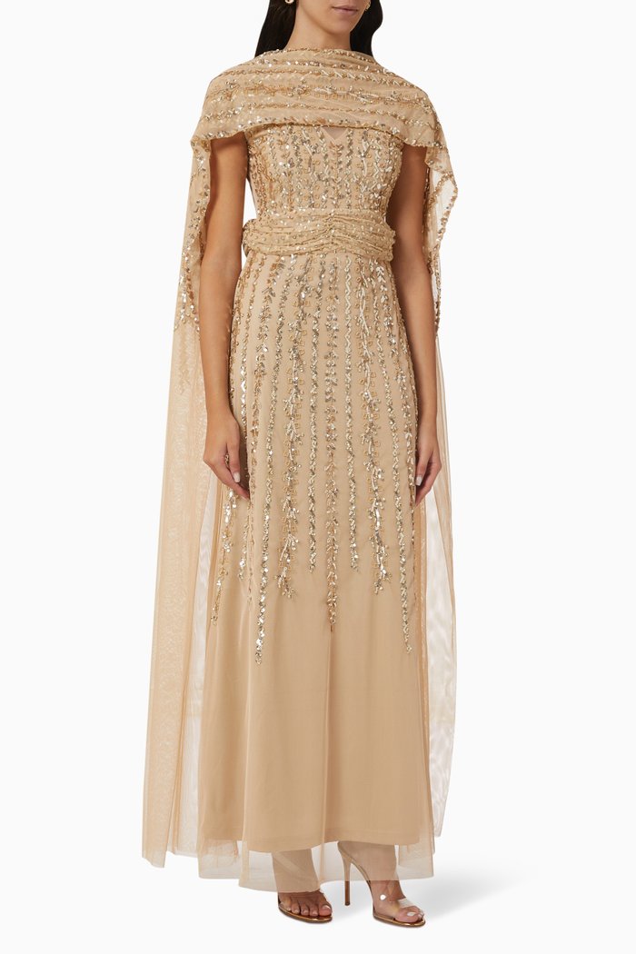 

Embellished Cape Sleeves Gown in Tulle Mesh, Gold