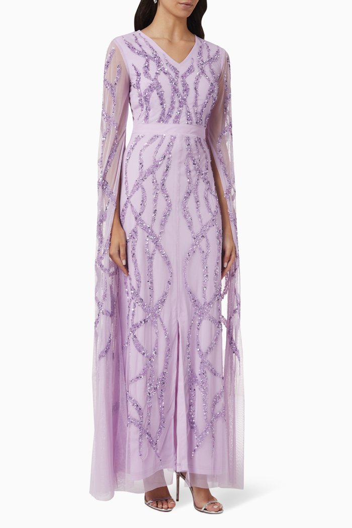 

Sequin Embellished Cape Sleeves Gown in Tulle Mesh, Purple