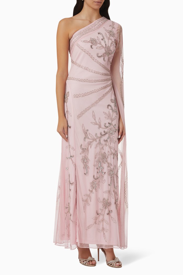 

Sequin Embellished Cape Sleeve Gown in Tulle Mesh, Pink