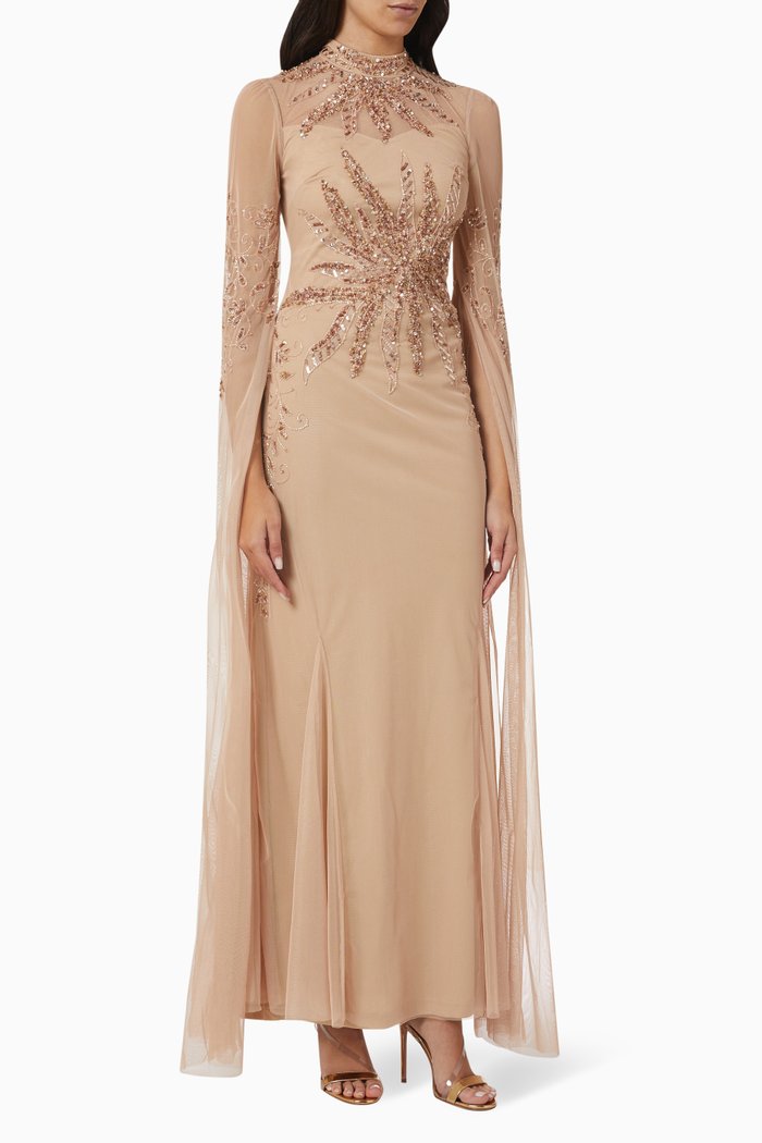 

Sequin Embellished Cape Sleeves Gown in Tulle Mesh, Neutral