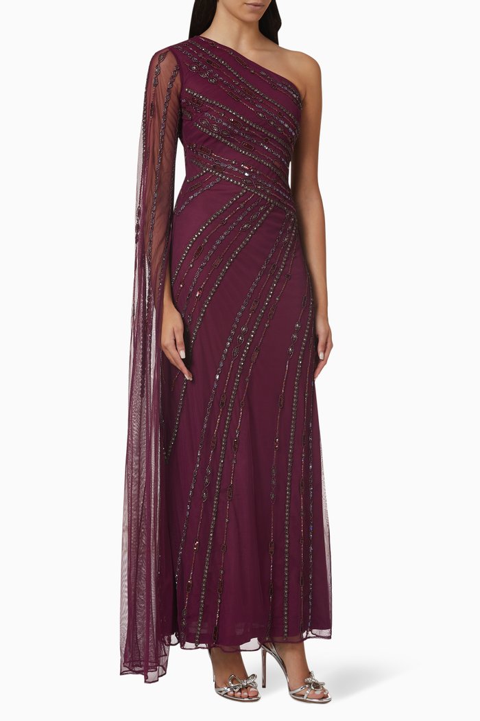 

Sequin Embellished One-shoulder Gown in Tulle Mesh, Red