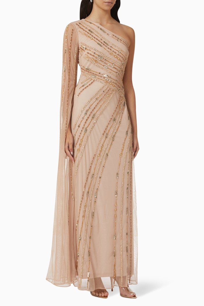 

Sequin Embellished One-shoulder Gown in Tulle Mesh, White