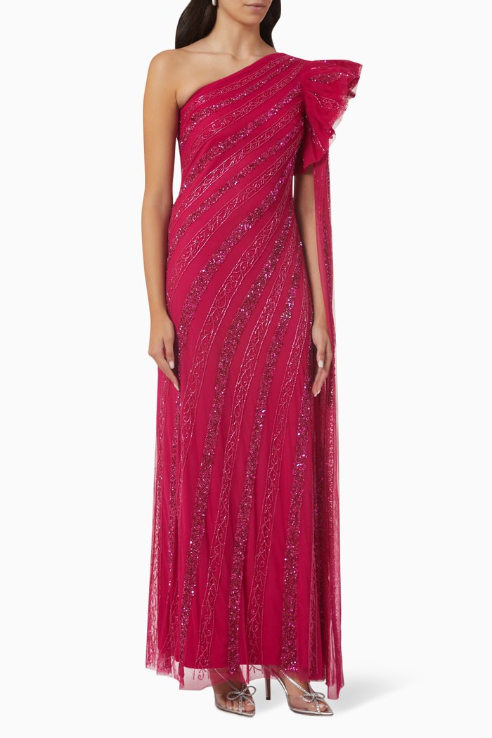 

Sequin Embellished One-shoulder Gown in Tulle Mesh, Pink