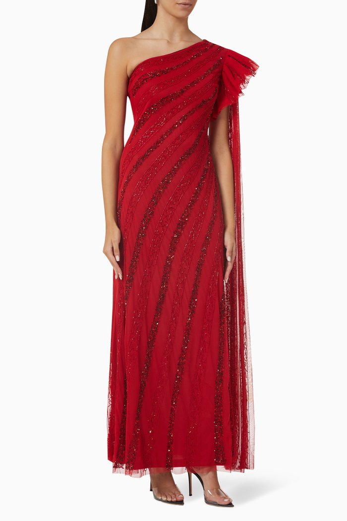 

Sequin Embellished One-shoulder Gown in Tulle Mesh, Red