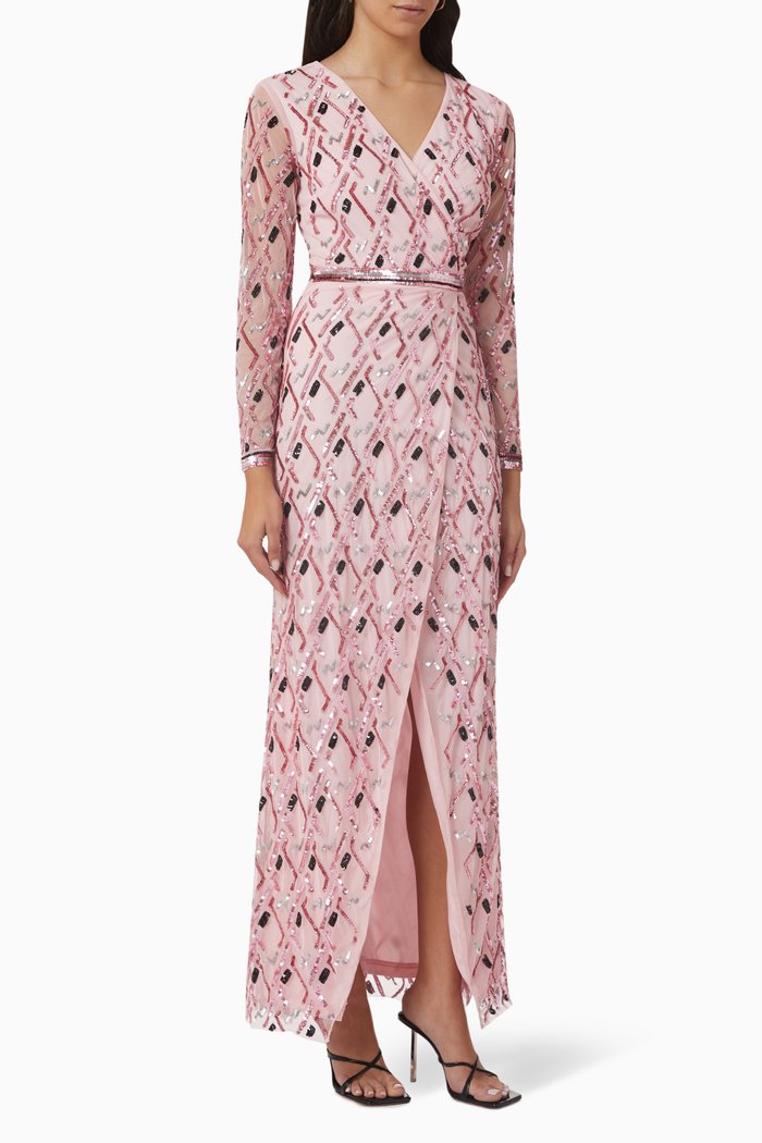 

Sequin Embellished Wrap-around Gown in Tulle Mesh, Pink