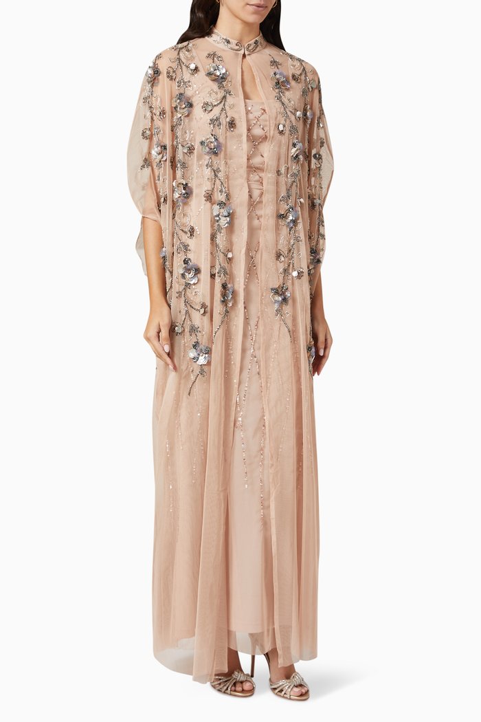 

Embellished Cape Gown in Tulle, Neutral