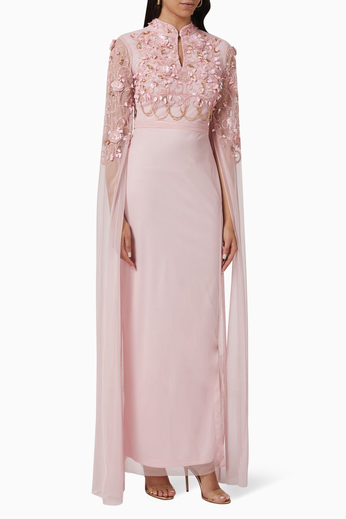 

Sequin Embellished Cape Sleeves Gown in Tulle Mesh, Pink