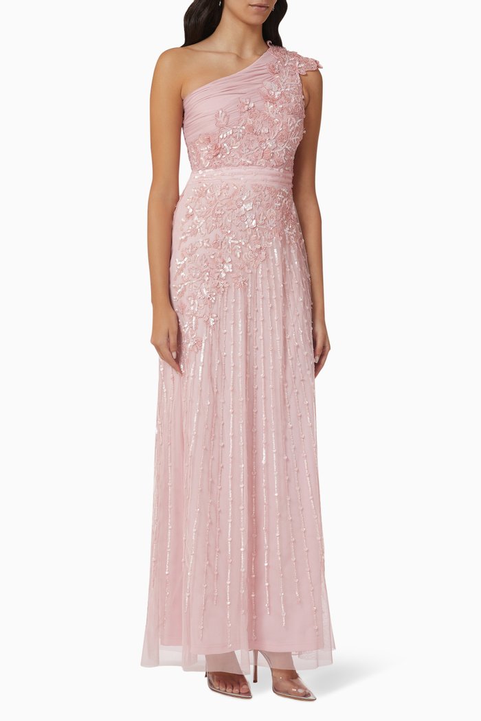 

Sequin Embellished One-shoulder Gown in Tulle Mesh, Pink