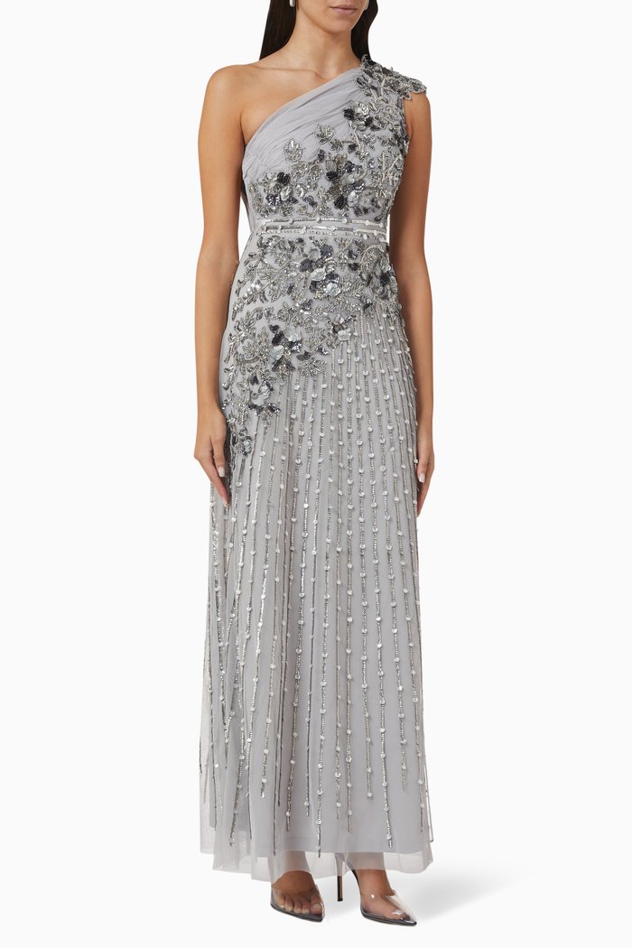 

Sequin Embellished One-shoulder Gown in Tulle Mesh, Silver