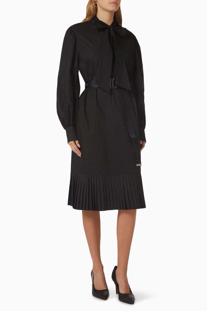 

Pleated Bow Midi Shirt Dress in Cotton, Black