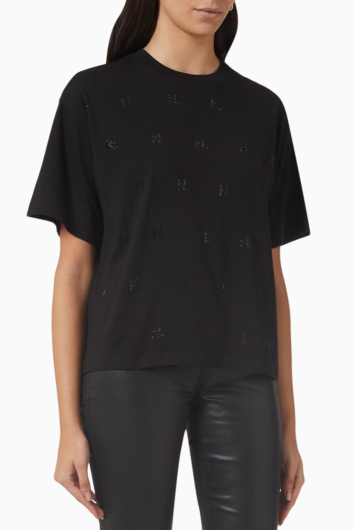 Rhinestone KL Monogram T-shirt in Organic Cotton, Black