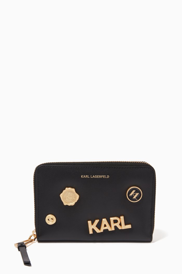 K/Karl Seven Metal Badges Zip Wallet in Leather, Black