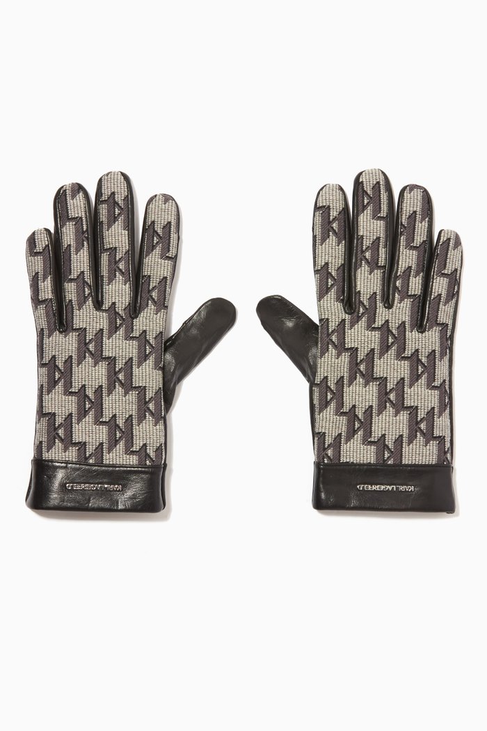 

KL Monogram Gloves in Cotton Jacquard & Leather, Multicolour