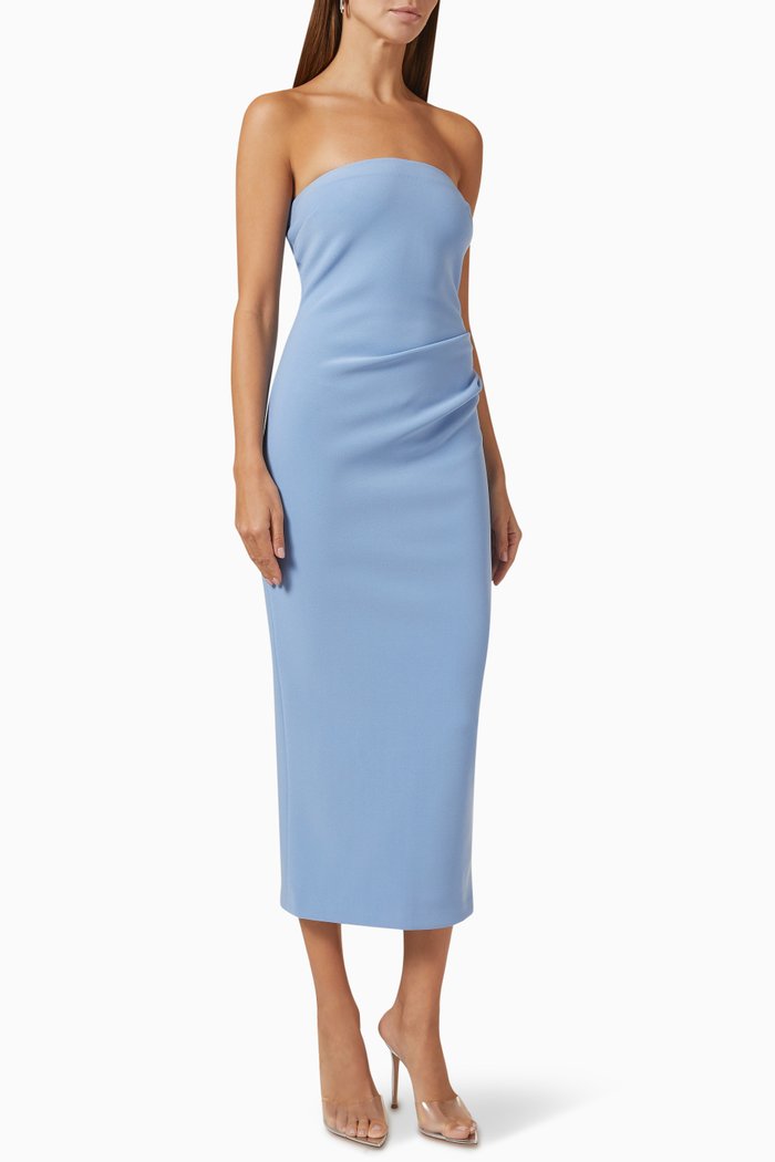 

Karina Strapless Midi Dress in Crepe, Blue