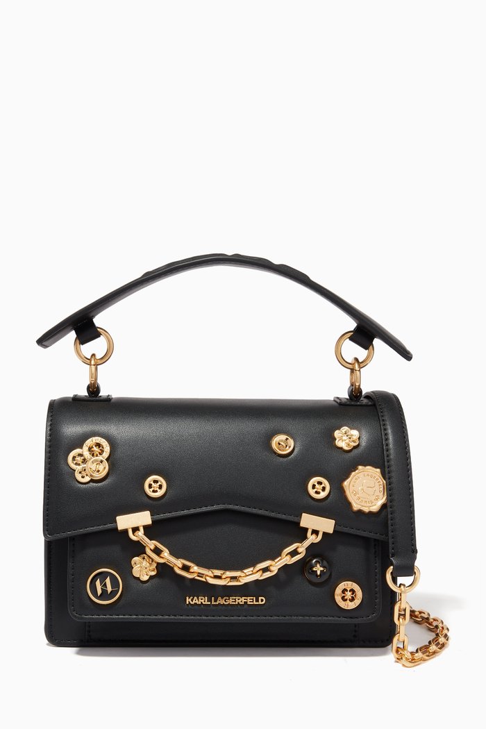 

K/Karl Seven Metal Badges Shoulder Bag in Leather, Black